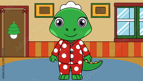 Cute Cartoon Dinosaur Wearing Red Winter Coat and Santa Hat in Christmas Decorated Room