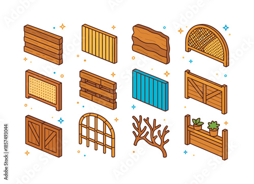 Colorful Headboard Icons. Wood and natural statement headboards. Colorful isometric vector icons set of Wood and natural statement headboards: reclaimed wood