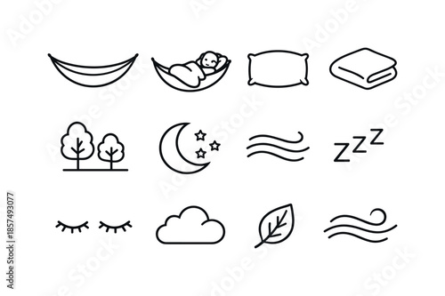 Hammock Sleep Icons. A person drifting off to sleep in a hammock. Line icon set of A person drifting off to sleep in a hammock: hammock, sleeping figure,
