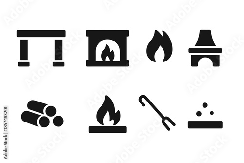 Cozy Fireplace Icons. Cozy living room fireplace. Filled icon set of Cozy living room fireplace: mantel shelf,
