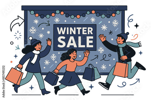 Winter Sale Wonderland. Winter Sale storefront illustration. Shop window adorned with snowflakes and garlands,