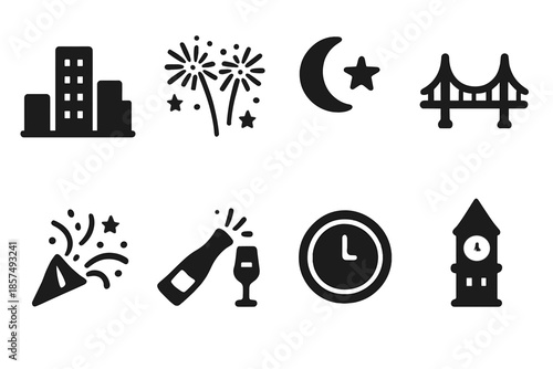 Festive Skyline Icons. Celebration Skyline. Filled icon set of Celebration Skyline: tall buildings, fireworks,