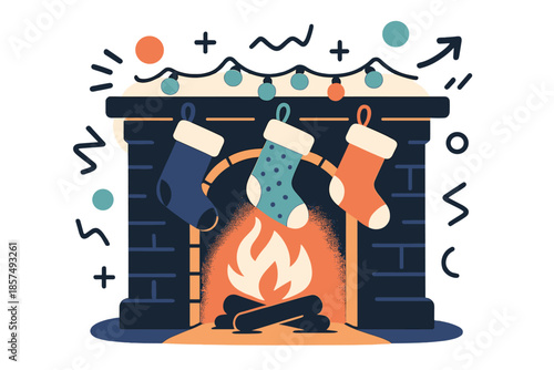 Festive Fireplace Scene. Fireplace with Christmas stockings. Mantel decorated with festive lights, stockings