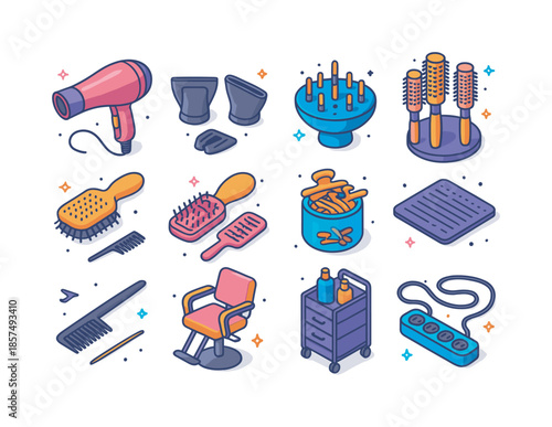 Colorful Salon Tool Icons. Salon blow dry tools setup. Colorful isometric vector icons set of Salon blow dry tools setup: professional blow dryer, concentrator