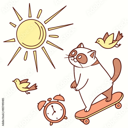 Sunny Mornings colored Birman with a Funny touch, placed in a Morning sunshine theme and styled with riding a skateboard