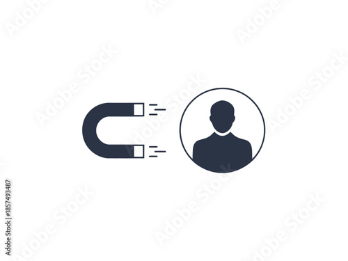 A horseshoe magnet attracts a stylized person icon, symbolizing customer acquisition.