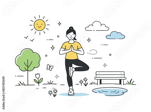 Spring Fitness Bliss. Spring fitness routine. A person doing light cardio or yoga exercises in a park setting with sun and clouds. Calm activity, balance