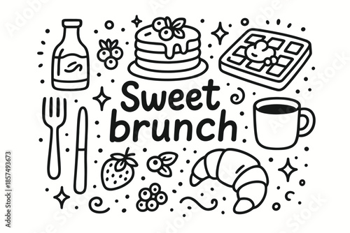 Sweet Brunch Doodle. Sweet brunch. Hand-drawn doodle illustration of sweet brunch. Pancakes, waffles, berries,