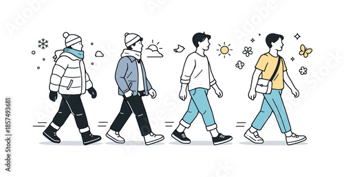 Seasonal Transition Walk. From cold to bloom. A person walking forward as winter clothes gradually change into lighter spring outfit. Visual storytelling of