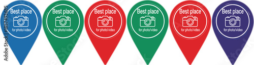 Colorful location pin markers set illustration with camera icons, best place labels for photo video, travel mapping, navigation, destination tagging, and digital map design concepts