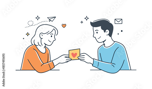 Warm Greeting Exchange. Greeting card layouts. Two people exchanging a greeting card, gentle smiles and friendly interaction emphasizing warmth and connection.