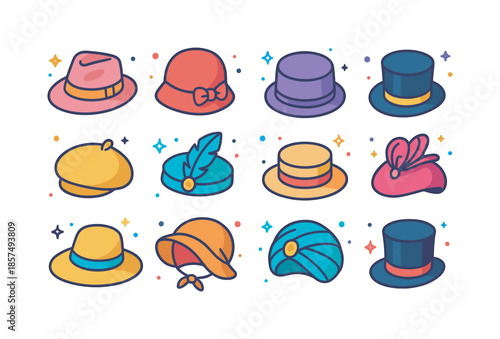 Vintage Hat Icons. Vintage Hats. Colorful isometric vector icons set of Vintage Hats: fedora, cloche hat, pillbox hat, bowler hat, beret, flapper headband,