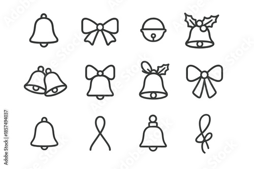 Bells and Ribbons Icons. Bells and ribbons. Line outline icon set of bells and ribbons: classic bell, ribbon
