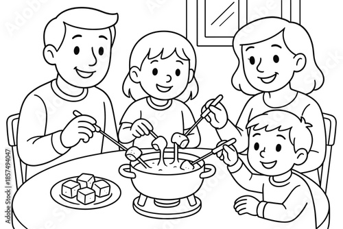 Cheese Fondue Fun. Cheese fondue dinner children?s coloring book illustration, outlined drawing, group of