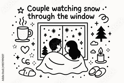 Cozy Snowy Evening. Couple watching snow through the window. Hand-drawn doodle illustration of couple watching