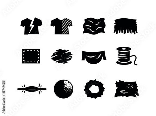 Uniform Deterioration Icons. Uniform deterioration icons. Solid icon set of uniform deterioration icons: tear symbol, fade symbol, wrinkle symbol, fray symbol,