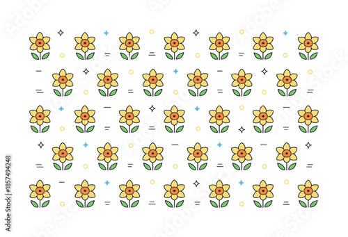 Minimal Daffodil Pattern. Minimal daffodil flower seamless pattern. Small daffodil icons repeated in a tidy grid-like rhythm, conveying order and spring
