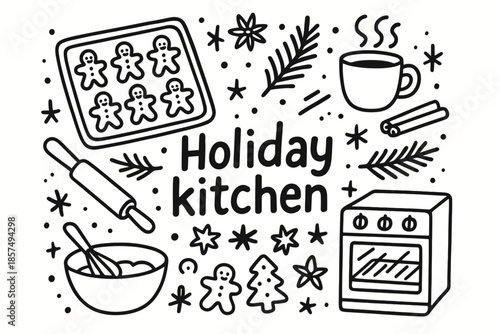 Festive Baking Scene. Holiday kitchen. Hand-drawn doodle illustration of holiday kitchen. Oven, cookie tray,