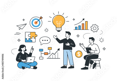 Creative Collaboration Scene. Innovation and brainstorming scene. Minimal people collaborating with floating idea icons, charts, and abstract shapes,
