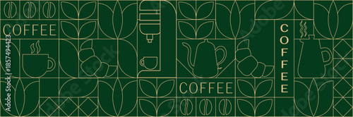 Geometric coffee pattern in minimalist style. Geometric line drawing. Abstract print background with simple shapes for coffee shop, food packaging, cafe wall, menu.