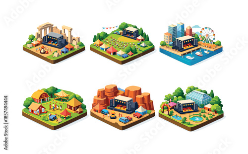 Isometric Festival Icons. Festival destinations. Isometric flat vector icons set of festival destinations: ancient ruins festival site, hillside open-air