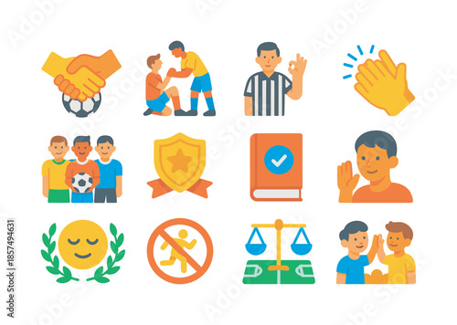 Sportsmanship Icons Collection. Sportsmanship and fair play. Colorful flat vector icons set of Sportsmanship and fair play: handshake over ball, player helping