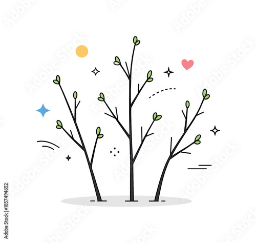 Emerging Spring Buds. Bare Trees with First Buds. Slender tree branches still mostly bare, with tiny buds appearing at the tips. Quiet early spring mood