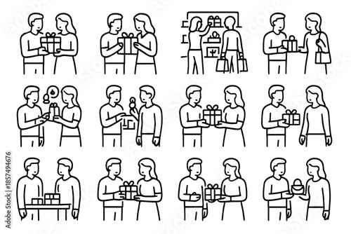 Gift Selection Icons. Couple choosing gifts in a boutique. Line outline icon set of couple choosing gifts in a