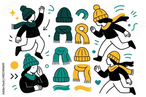 Cozy Winter Accessories. Beanie and scarf collection. Variety of cozy winter beanies and matching scarves,