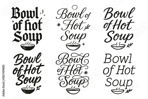 Stylized Soup Calligraphy. Bowl of hot soup with steam. Create a calligraphy lettering illustration of the