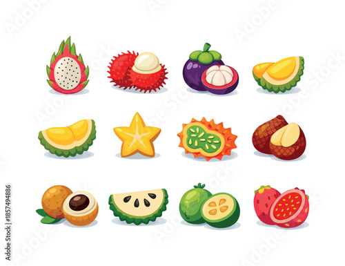 Exotic Fruit Icons. Exotic Fruits. Colorful flat vector icons set of Exotic Fruits: dragonfruit, rambutan, mangosteen, jackfruit pod, durian piece, starfruit,