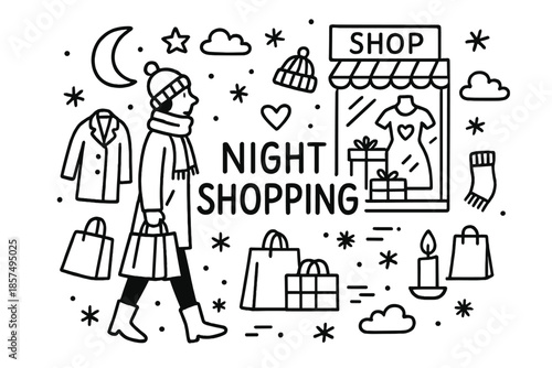 Night Shopping Doodle. Night Shopping. Hand-drawn doodle illustration of Night Shopping. Person, shop window,