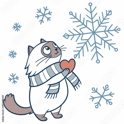 Cute Funny Birman, accessorized with holding a heart, in a Cozy winter world – Frosty Winter palette vector