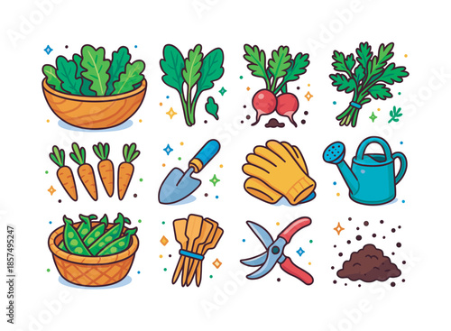 Colorful Harvest Icons. Garden-to-table harvest bowl. Colorful isometric vector icons set of Garden-to-table harvest bowl: large wooden harvest bowl, mix of