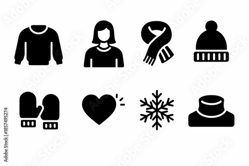 Cozy Sweater Icons. Cozy sweater fashion. Filled icon set of Cozy sweater fashion: sweater top, model outline,
