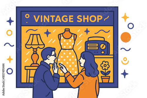 Retro Shop Delight. Vintage shop showcase. Shoppers inspect retro pieces in a warmly lit window; floating
