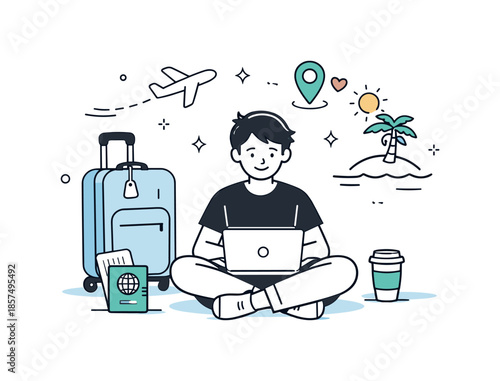 Nomad Work Balance. Digital nomad lifestyle. A character working on a laptop with a suitcase and passport nearby, combining travel and online work. Sense of