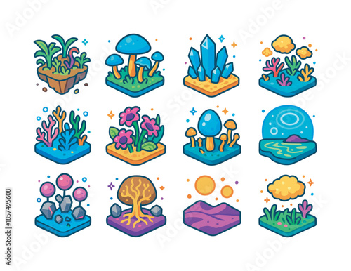 Vibrant Alien Ecosystems. Alien ecosystems. Colorful isometric vector icons set of Alien ecosystems: floating rock island with plants, glowing mushroom forest,