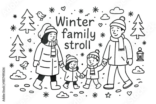 Winter Family Doodle. Winter family stroll. Hand-drawn doodle illustration of Winter family stroll. Family,