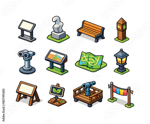 Colorful Outdoor Exhibits. Outdoor exhibitions. Colorful isometric vector icons set of outdoor exhibitions: info plaque stand (no text), sculpture garden