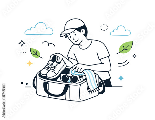 Spring Packing Essentials. Spring outdoor readiness. A person preparing a small bag with sunglasses, sneakers and a light scarf, abstract clouds and leaves