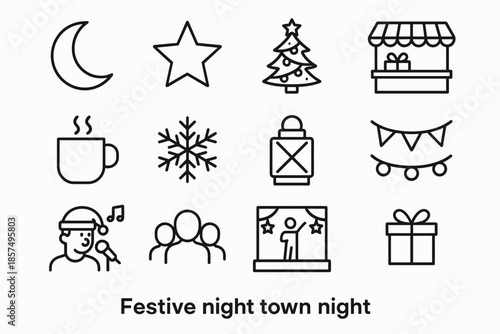 Festive Night Icons. Festive town night. Line outline icon set of Festive town night: moon, star, tree lights,