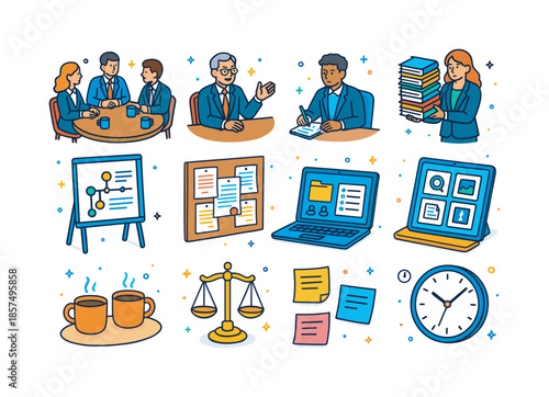 Legal Strategy Meeting Icons. Legal professionals discussing case strategies. Colorful isometric vector icons set of Legal professionals discussing case