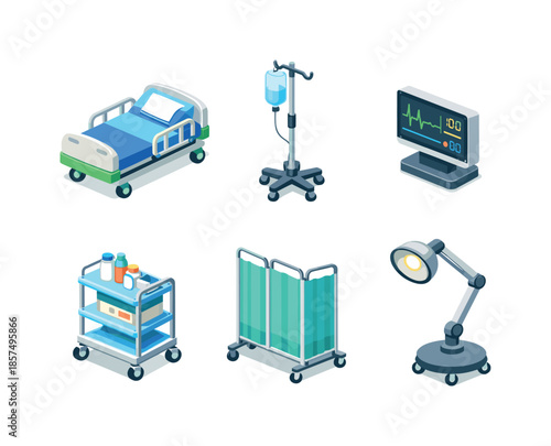 Medical Icons Grid. Medical care objects. Isometric flat vector icons set of medical care objects: hospital bed, IV stand with drip bag, bedside monitor