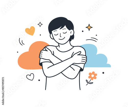 Embrace Self-Love. Self love concept illustration. A person gently hugging themselves with a calm smile, standing in open space with soft abstract shapes