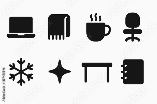 Winter WFH Icons. Winter WFH comfort. Filled icon set of Winter WFH comfort: laptop, blanket, hot beverage cup
