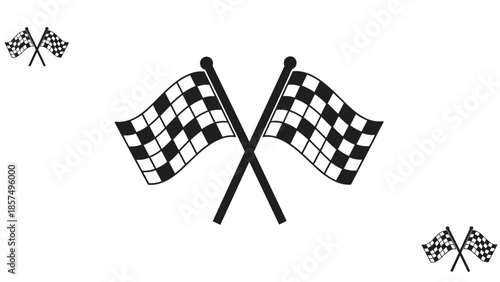 Classic black and white checkered racing flags are crossed in the center of a clean white background, symbolizing the finish line of a motor race.