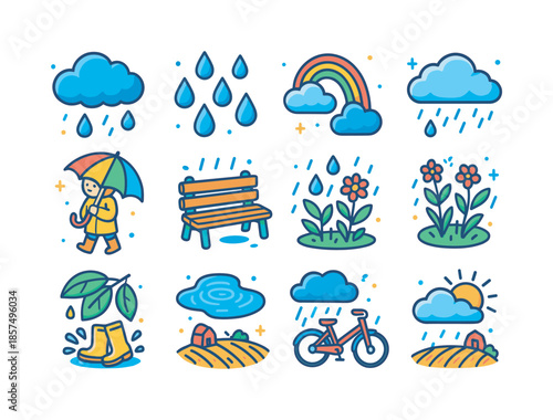 Summer Rainstorm Icons. Summer rainstorm. Colorful isometric vector icons set of Summer rainstorm: fluffy storm cloud, heavy raindrops, rainbow appearing,
