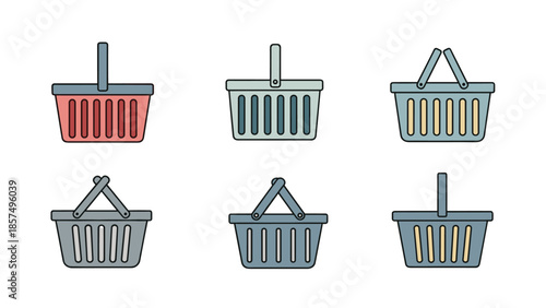 Row of shopping basket icons shows different designs and colors including red, blue, and yellow, representing retail, grocery stores, and e-commerce.