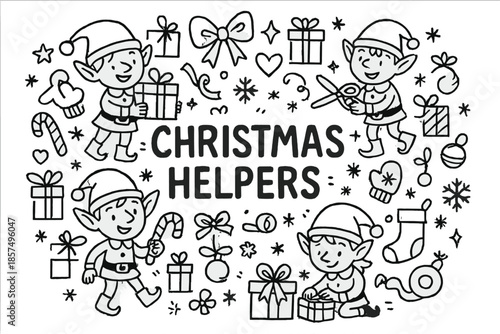 Christmas Helpers Doodle. Christmas Helpers. Hand-drawn doodle illustration of Christmas Helpers. Elves, gift